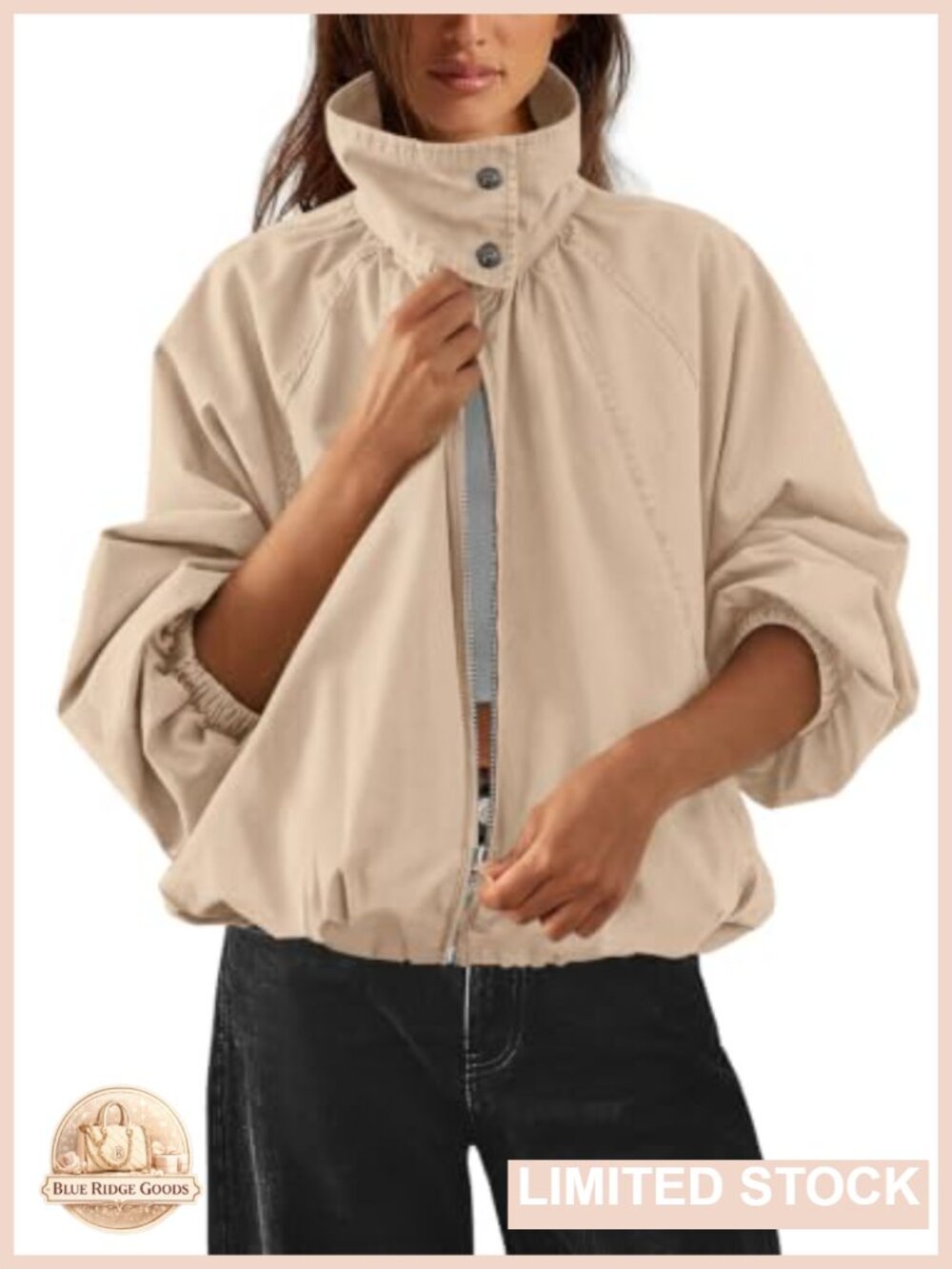 Women's Funnel Neck Bomber Jacket Zip Up Fall Casual Coat 100% Cotton